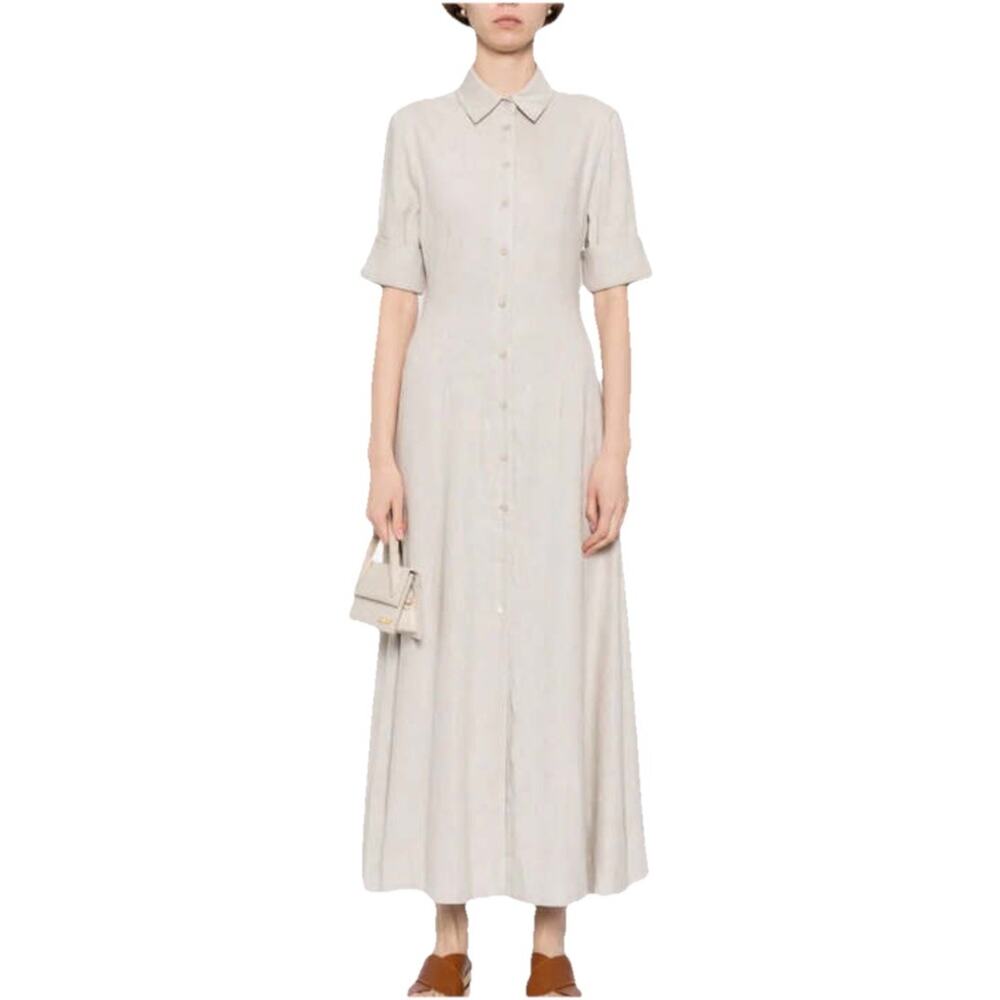 STAUD Linen Blend Maxi Shirt Dress Beige Button Front Size 2